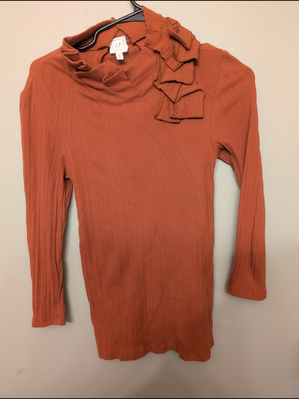 Anthropology Rust Ribbed Ruffle Neck Top